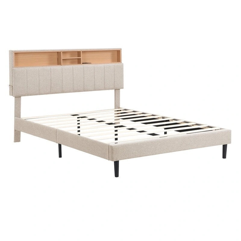 Lit plateforme en lin rembourré beige/marron avec tête de lit de rangement et station de charge, Queen/Full, pour 2