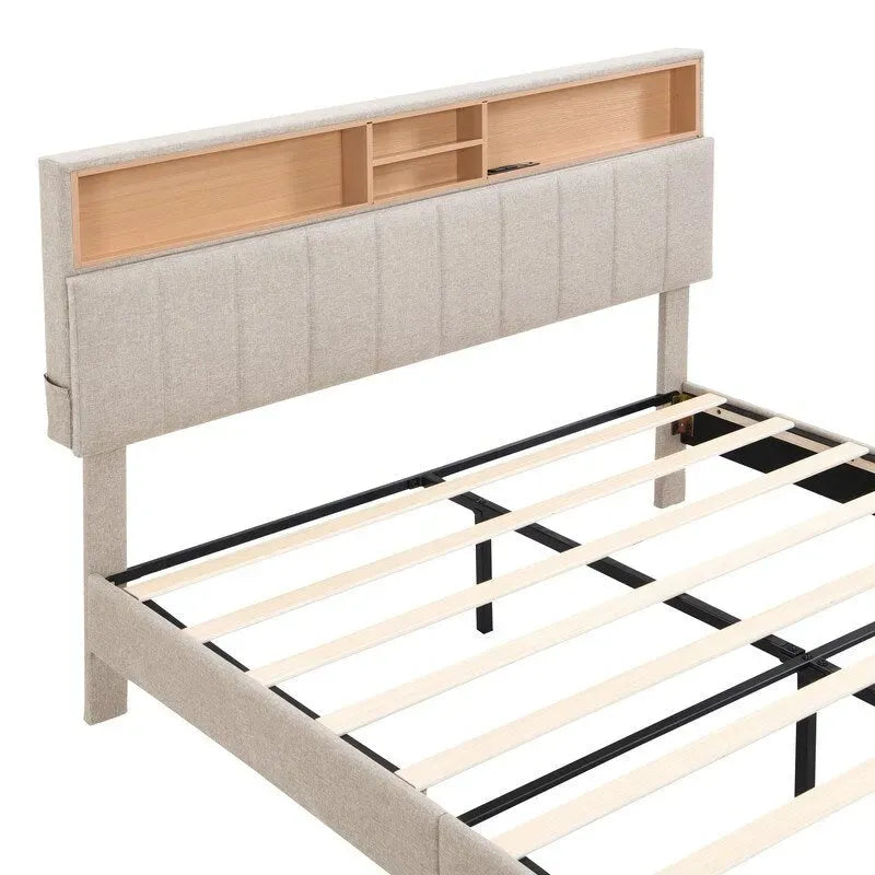 Lit plateforme en lin rembourré beige/marron avec tête de lit de rangement et station de charge, Queen/Full, pour 2
