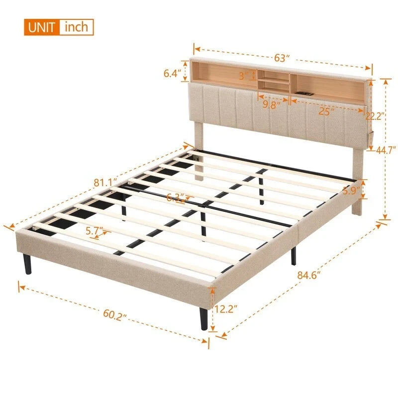 Lit plateforme en lin rembourré beige/marron avec tête de lit de rangement et station de charge, Queen/Full, pour 2