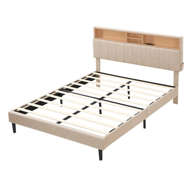 Lit plateforme en lin rembourré beige/marron avec tête de lit de rangement et station de charge, Queen/Full, pour 2