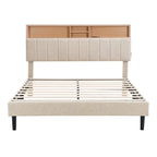 Lit plateforme en lin rembourré beige/marron avec tête de lit de rangement et station de charge, Queen/Full, pour 2