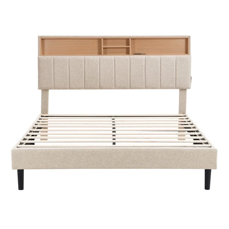 Lit plateforme en lin rembourré beige/marron avec tête de lit de rangement et station de charge, Queen/Full, pour 2