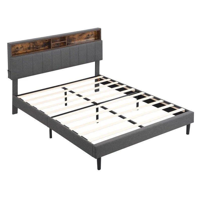 Lit plateforme en lin rembourré beige/marron avec tête de lit de rangement et station de charge, Queen/Full, pour 2