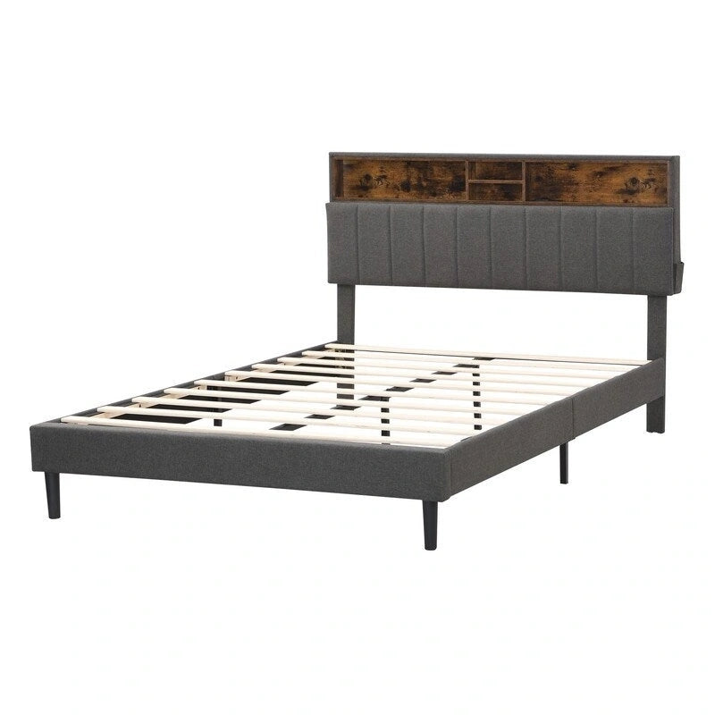 Lit plateforme en lin rembourré beige/marron avec tête de lit de rangement et station de charge, Queen/Full, pour 2