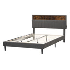 Lit plateforme en lin rembourré beige/marron avec tête de lit de rangement et station de charge, Queen/Full, pour 2