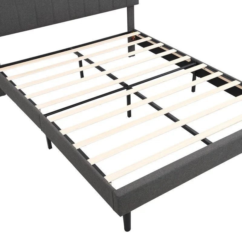 Lit plateforme en lin rembourré beige/marron avec tête de lit de rangement et station de charge, Queen/Full, pour 2