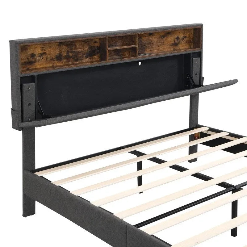 Lit plateforme en lin rembourré beige/marron avec tête de lit de rangement et station de charge, Queen/Full, pour 2