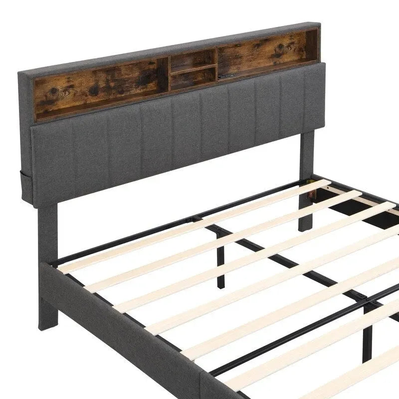 Lit plateforme en lin rembourré beige/marron avec tête de lit de rangement et station de charge, Queen/Full, pour 2