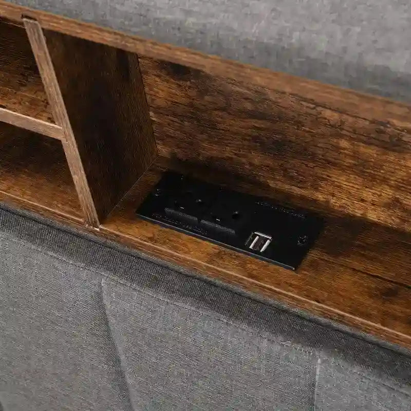 Lit plateforme en lin rembourré beige/marron avec tête de lit de rangement et station de charge, Queen/Full, pour 2