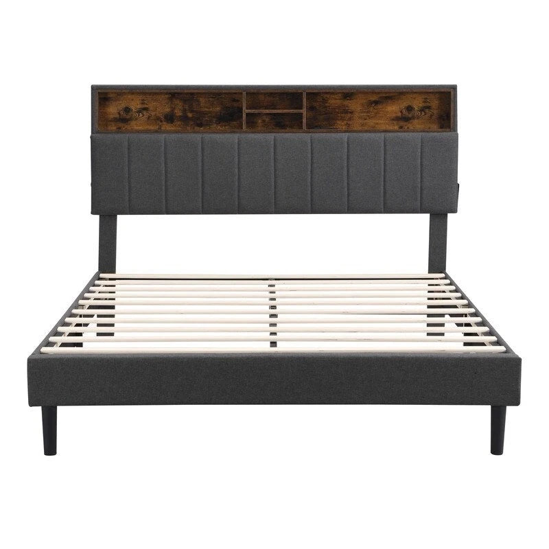 Lit plateforme en lin rembourré beige/marron avec tête de lit de rangement et station de charge, Queen/Full, pour 2