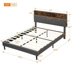 Lit plateforme en lin rembourré beige/marron avec tête de lit de rangement et station de charge, Queen/Full, pour 2