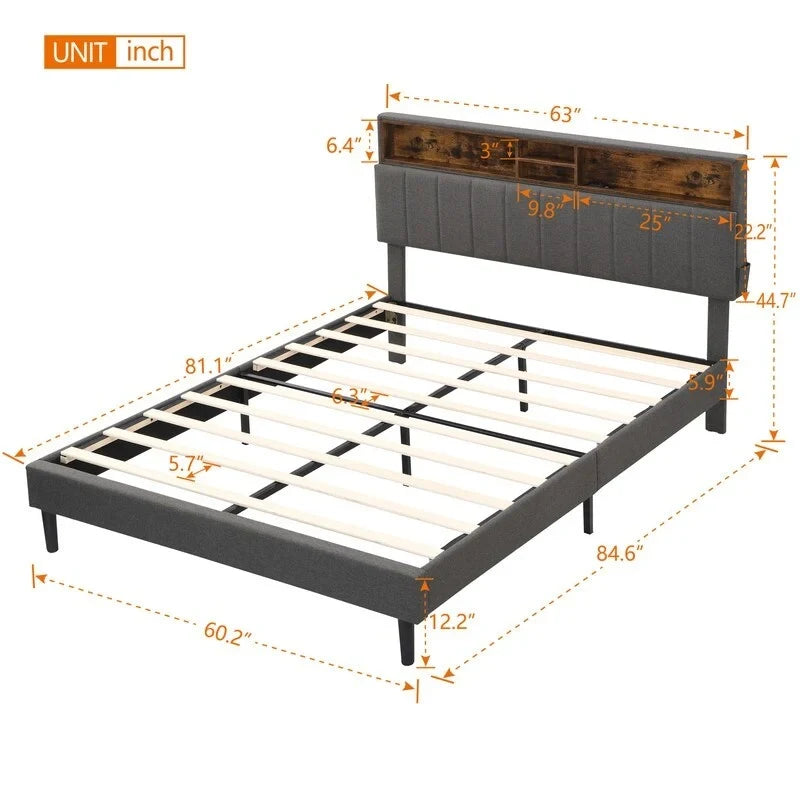 Lit plateforme en lin rembourré beige/marron avec tête de lit de rangement et station de charge, Queen/Full, pour 2
