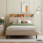 Lit plateforme en lin rembourré beige/marron avec tête de lit de rangement et station de charge, Queen/Full, pour 2