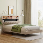 Lit plateforme en lin rembourré beige/marron avec tête de lit de rangement et station de charge, Queen/Full, pour 2