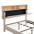 Lit plateforme en lin rembourré beige/marron avec tête de lit de rangement et station de charge, Queen/Full, pour 2