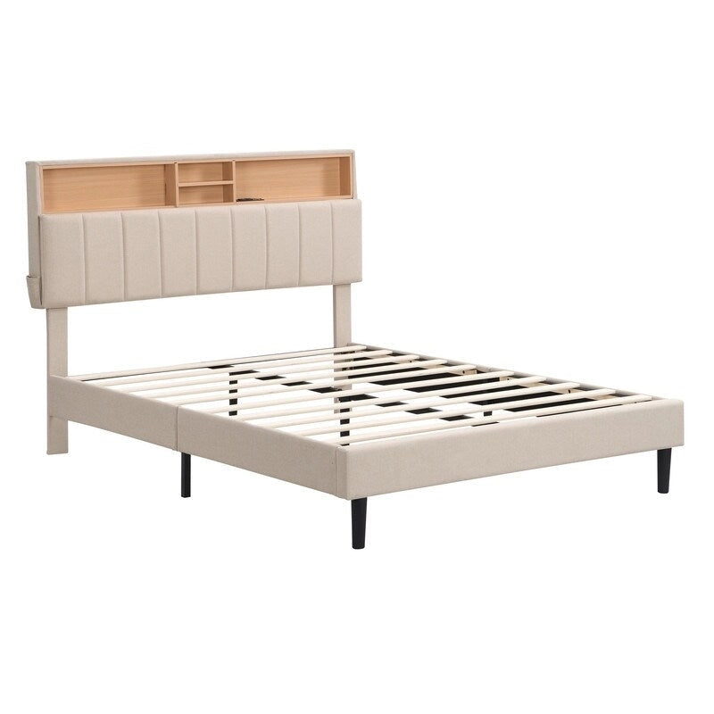 Lit plateforme en lin rembourré beige/marron avec tête de lit de rangement et station de charge, Queen/Full, pour 2