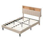 Lit plateforme en lin rembourré beige/marron avec tête de lit de rangement et station de charge, Queen/Full, pour 2