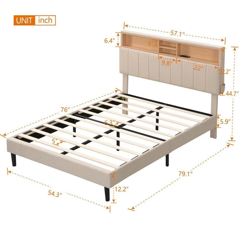 Lit plateforme en lin rembourré beige/marron avec tête de lit de rangement et station de charge, Queen/Full, pour 2
