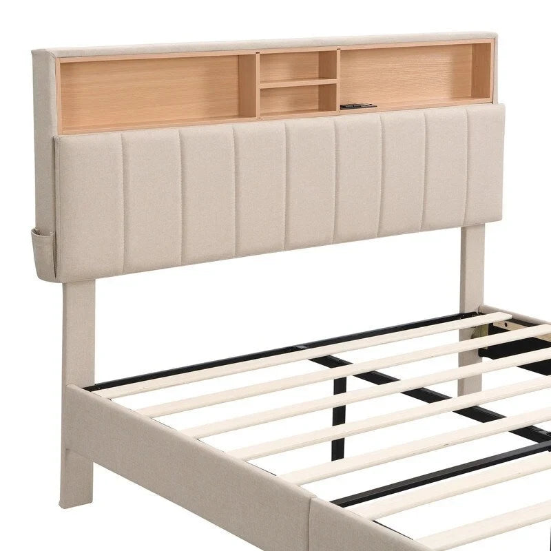 Lit plateforme en lin rembourré beige/marron avec tête de lit de rangement et station de charge, Queen/Full, pour 2