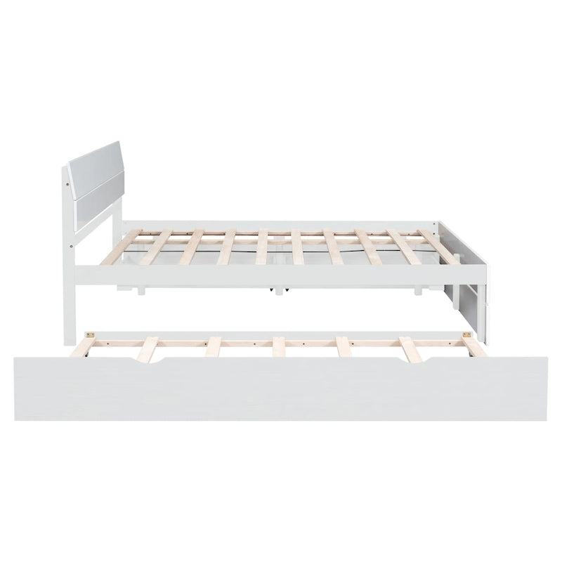 Cadre de lit double avec lit gigogne simple et 2 tiroirs, finition blanc délavé/chêne clair, couchage 2 personnes