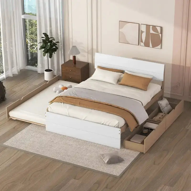 Cadre de lit double avec lit gigogne simple et 2 tiroirs, finition blanc délavé/chêne clair, couchage 2 personnes