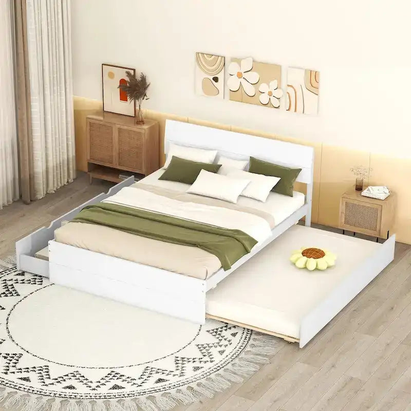 Cadre de lit double avec lit gigogne simple et 2 tiroirs, finition blanc délavé/chêne clair, couchage 2 personnes