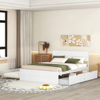 Cadre de lit double avec lit gigogne simple et 2 tiroirs, finition blanc délavé/chêne clair, couchage 2 personnes