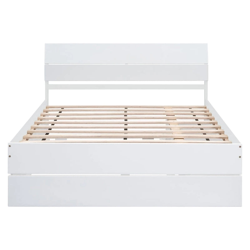 Cadre de lit double avec lit gigogne simple et 2 tiroirs, finition blanc délavé/chêne clair, couchage 2 personnes