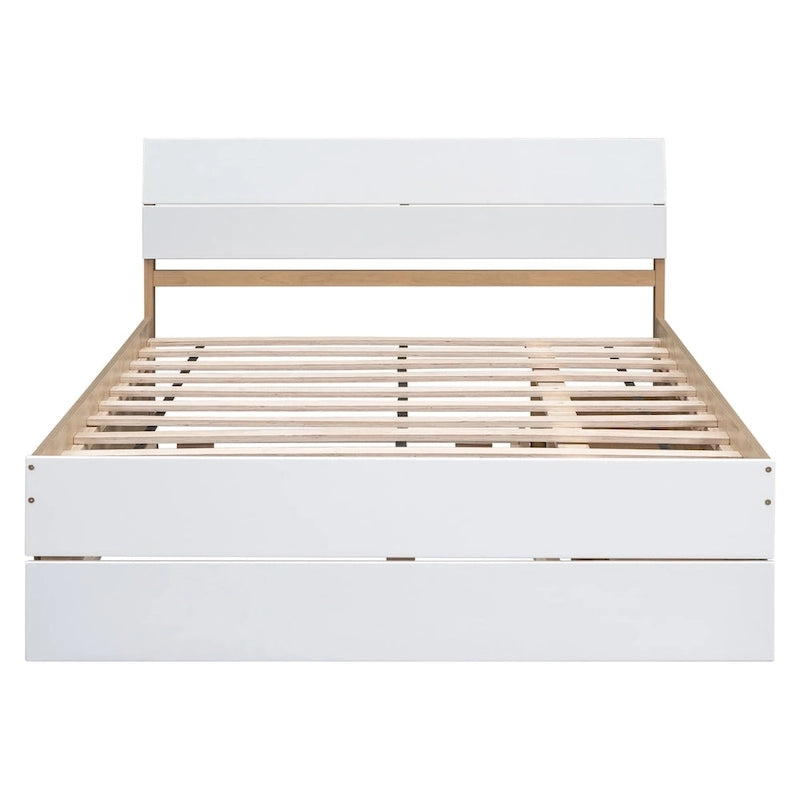 Cadre de lit double avec lit gigogne simple et 2 tiroirs, finition blanc délavé/chêne clair, couchage 2 personnes