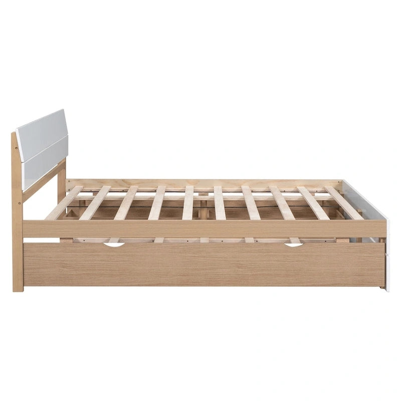 Cadre de lit double avec lit gigogne simple et 2 tiroirs, finition blanc délavé/chêne clair, couchage 2 personnes