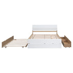 Cadre de lit double avec lit gigogne simple et 2 tiroirs, finition blanc délavé/chêne clair, couchage 2 personnes