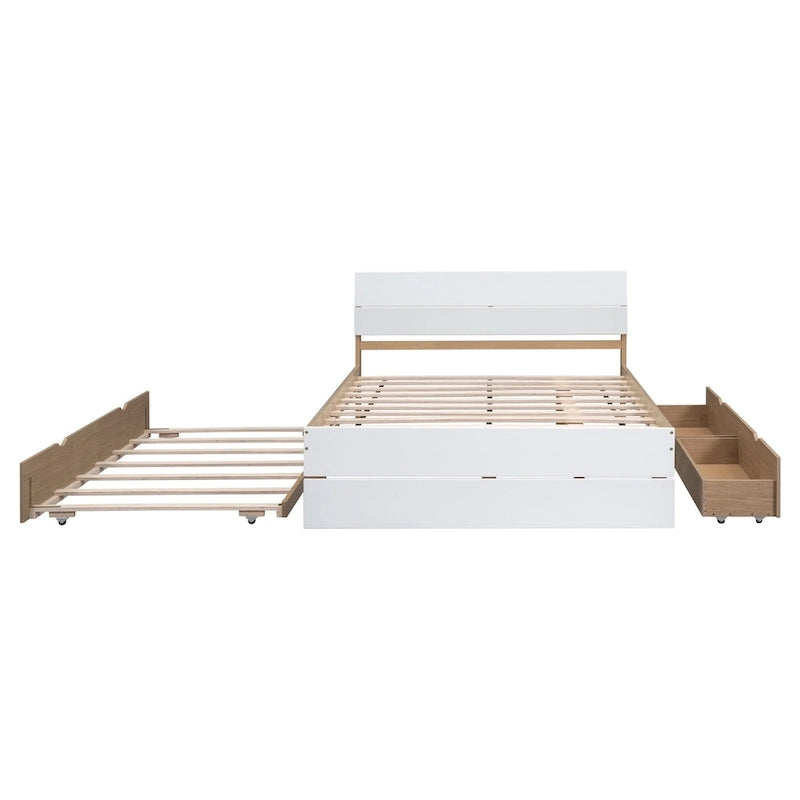 Cadre de lit double avec lit gigogne simple et 2 tiroirs, finition blanc délavé/chêne clair, couchage 2 personnes