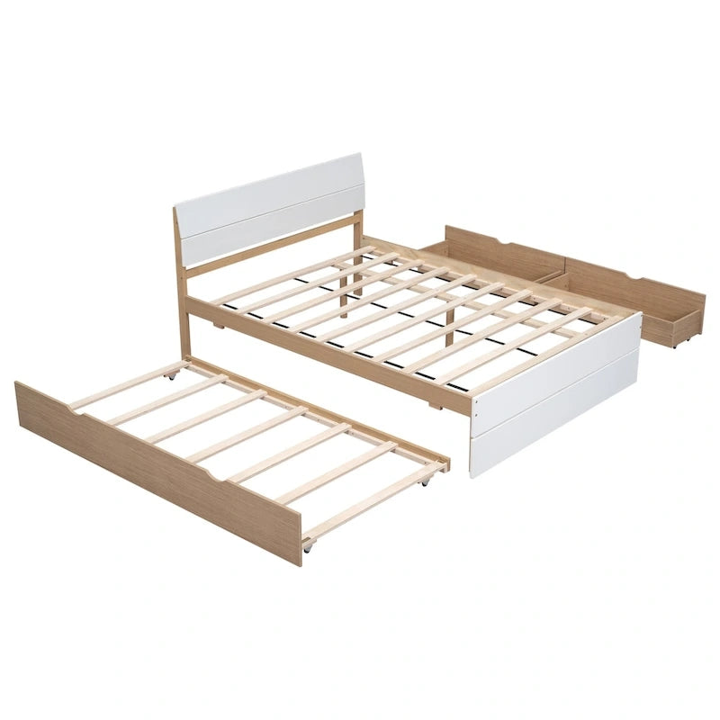 Cadre de lit double avec lit gigogne simple et 2 tiroirs, finition blanc délavé/chêne clair, couchage 2 personnes