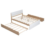 Cadre de lit double avec lit gigogne simple et 2 tiroirs, finition blanc délavé/chêne clair, couchage 2 personnes
