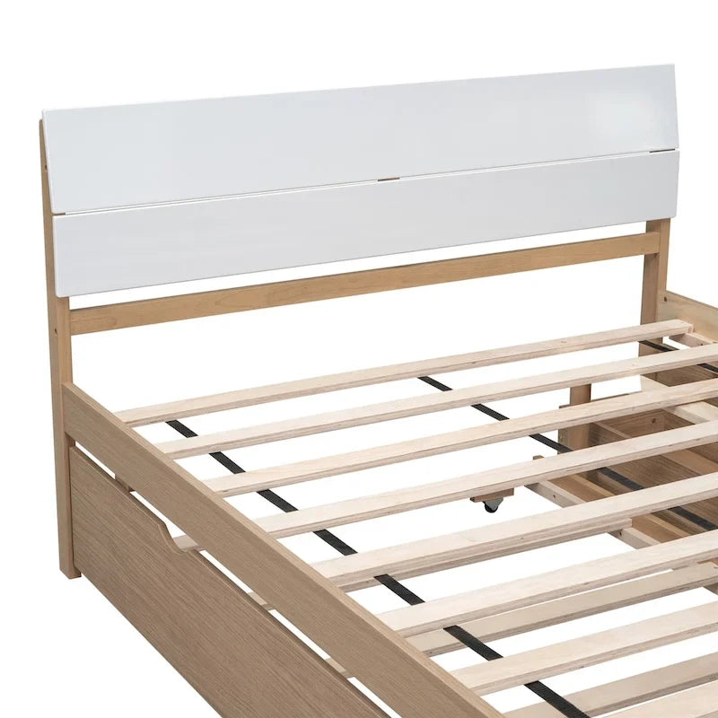 Cadre de lit double avec lit gigogne simple et 2 tiroirs, finition blanc délavé/chêne clair, couchage 2 personnes