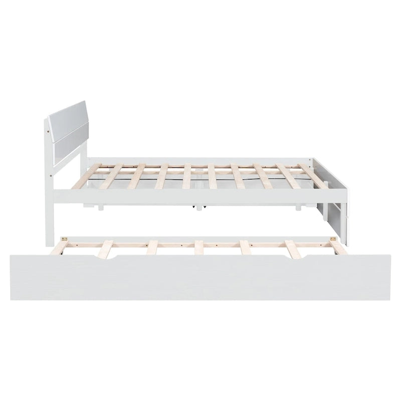 Cadre de lit double avec lit gigogne simple et 2 tiroirs, finition blanc délavé/chêne clair, couchage 2 personnes