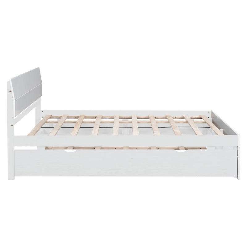 Cadre de lit double avec lit gigogne simple et 2 tiroirs, finition blanc délavé/chêne clair, couchage 2 personnes