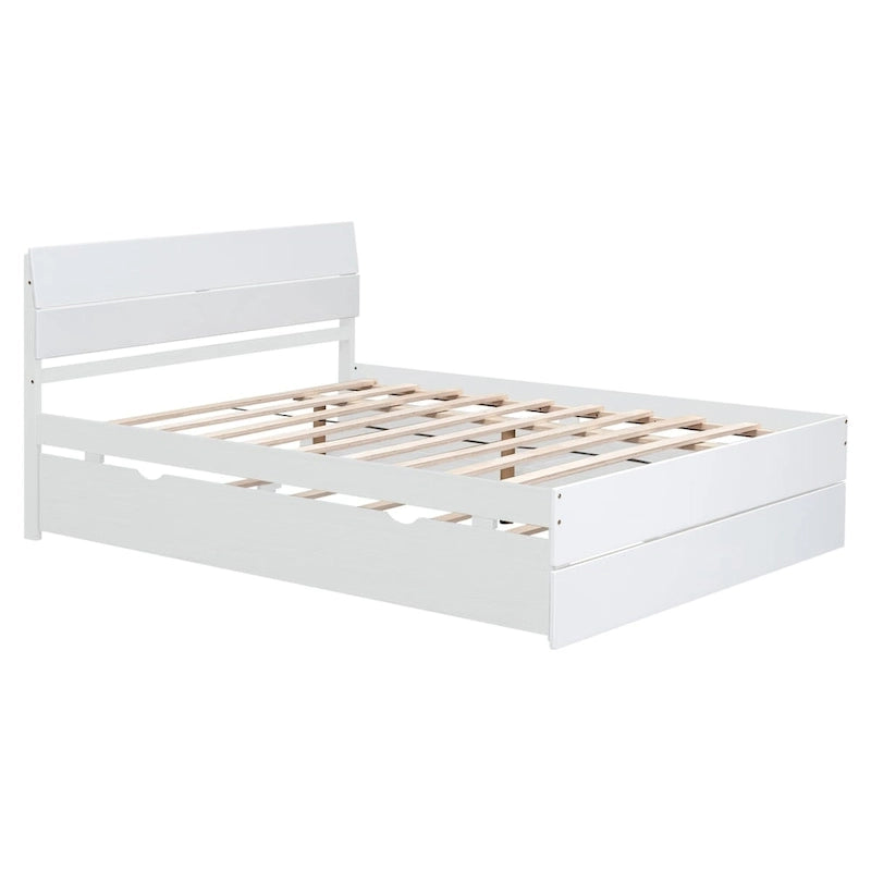 Cadre de lit double avec lit gigogne simple et 2 tiroirs, finition blanc délavé/chêne clair, couchage 2 personnes