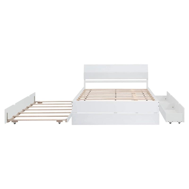 Cadre de lit double avec lit gigogne simple et 2 tiroirs, finition blanc délavé/chêne clair, couchage 2 personnes