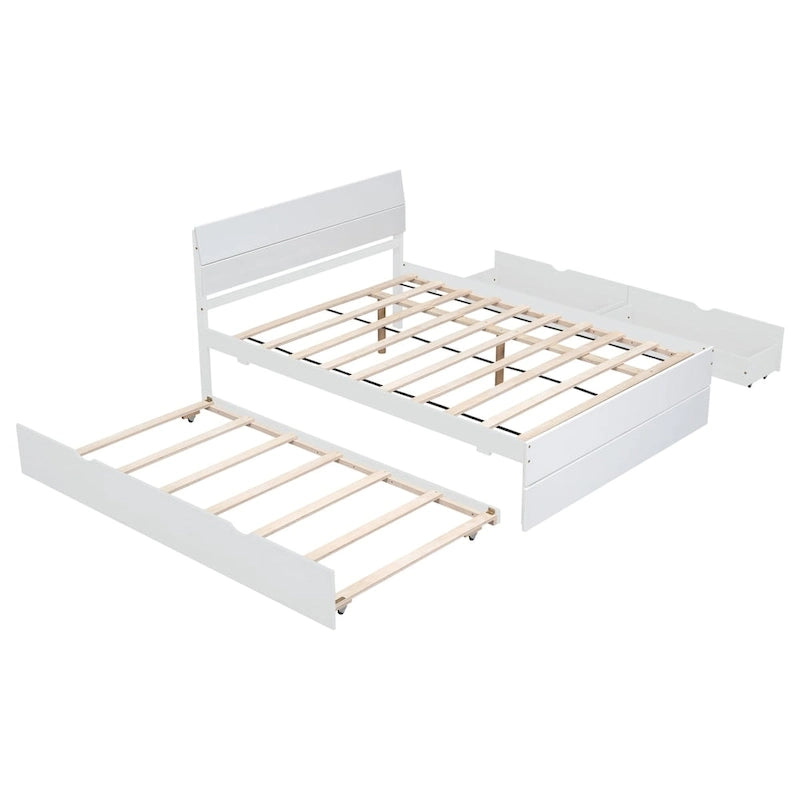 Cadre de lit double avec lit gigogne simple et 2 tiroirs, finition blanc délavé/chêne clair, couchage 2 personnes