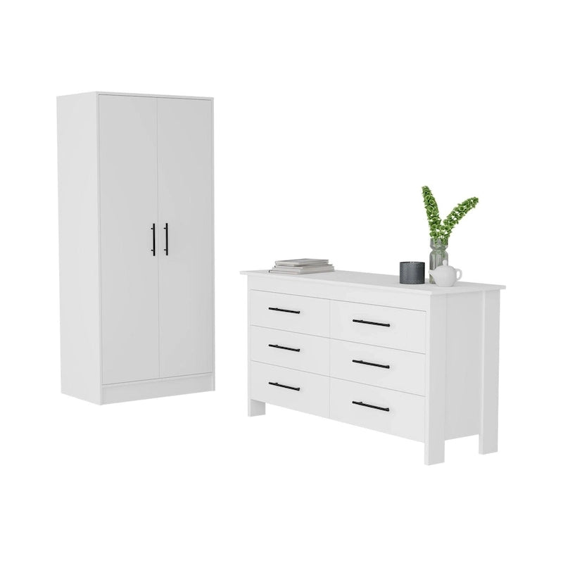 Ensemble de chambre à coucher armoire blanche 2 portes et commode 6 tiroirs