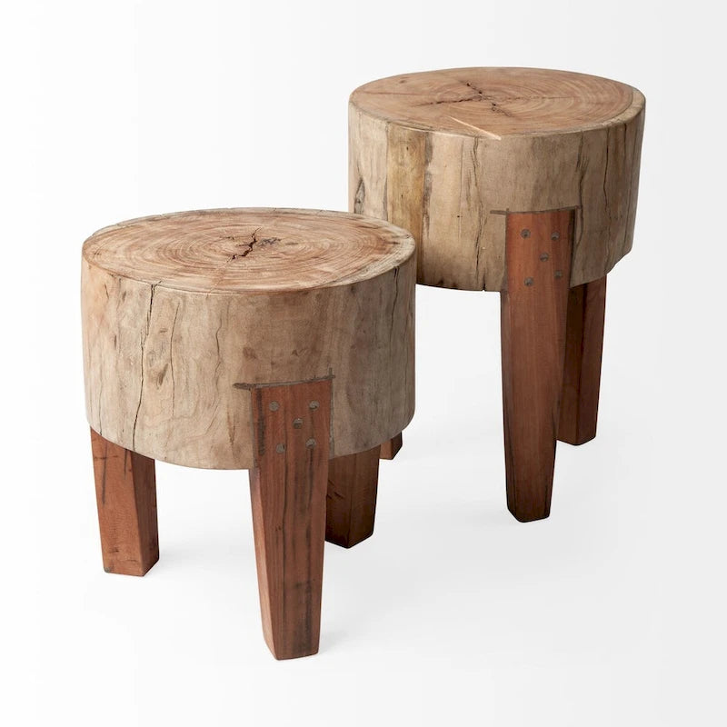 Tabouret rond en bois naturel brun, 4 pieds, 1 personne