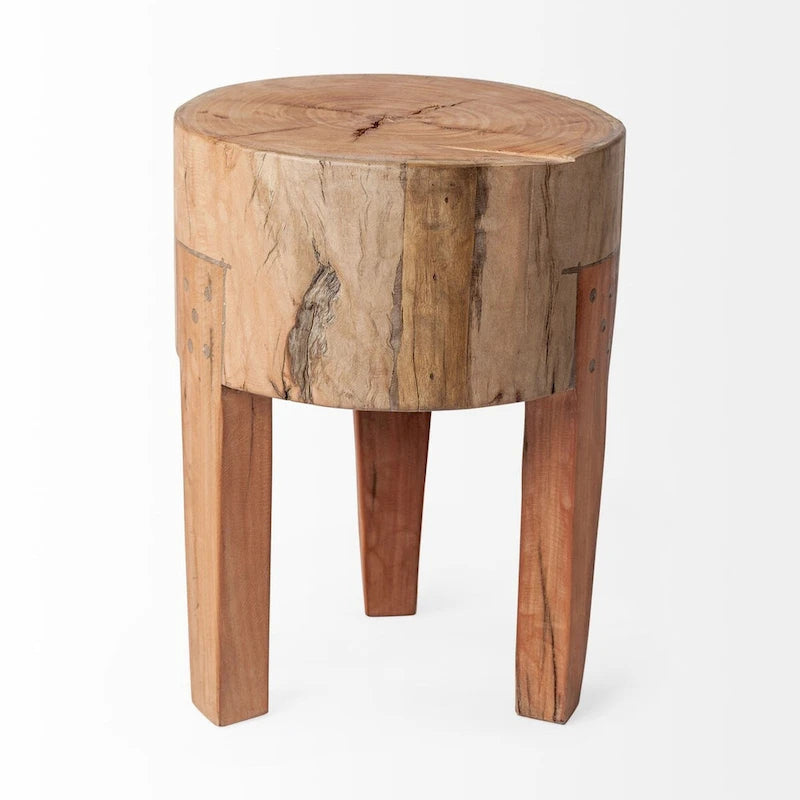 Tabouret rond en bois naturel brun, 4 pieds, 1 personne
