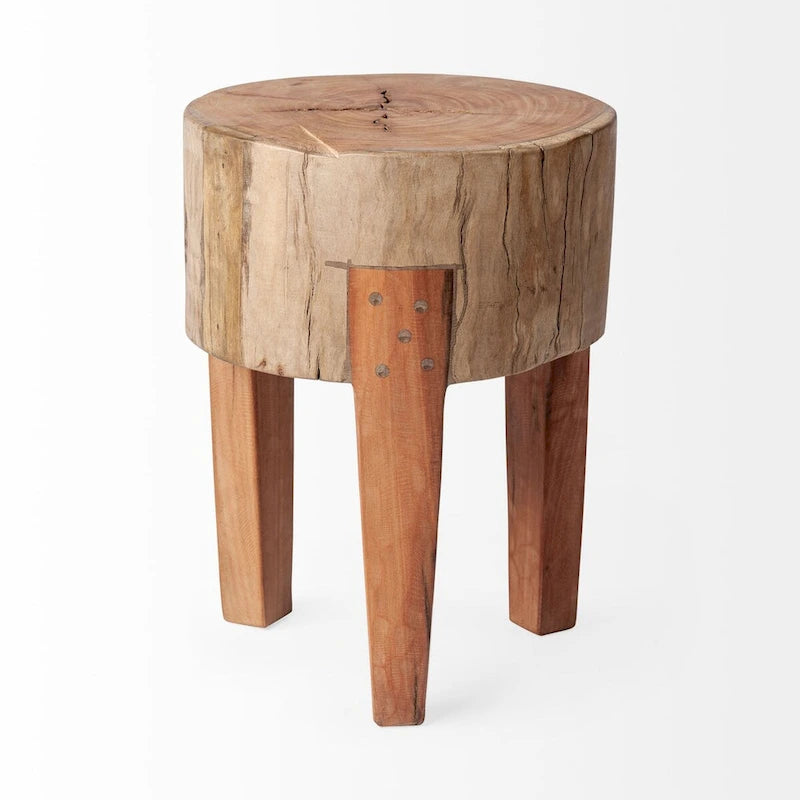 Tabouret rond en bois naturel brun, 4 pieds, 1 personne