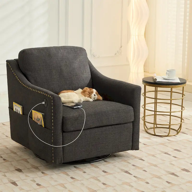 Fauteuil pivotant en tissu gris foncé / blanc crème, rotation à 360°, une place