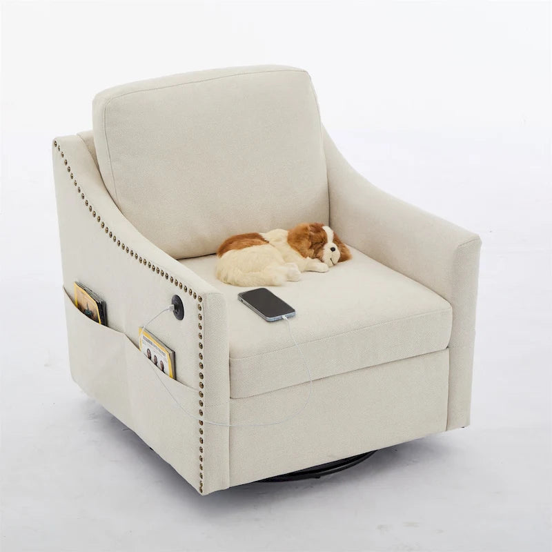 Fauteuil pivotant en tissu gris foncé / blanc crème, rotation à 360°, une place