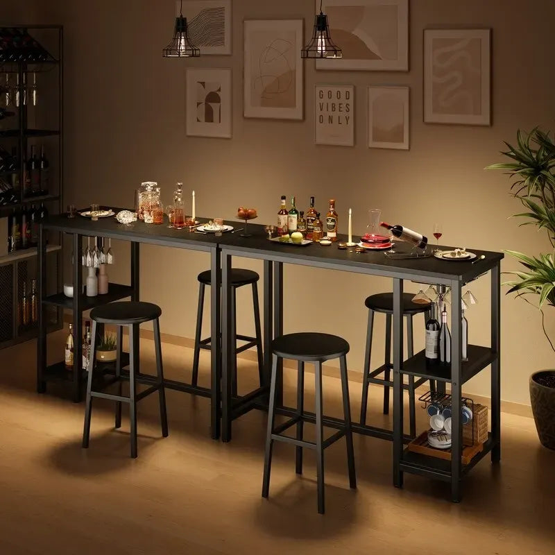 Table de bar / bistrot rétro noire avec 2 tabourets, 2 places assises