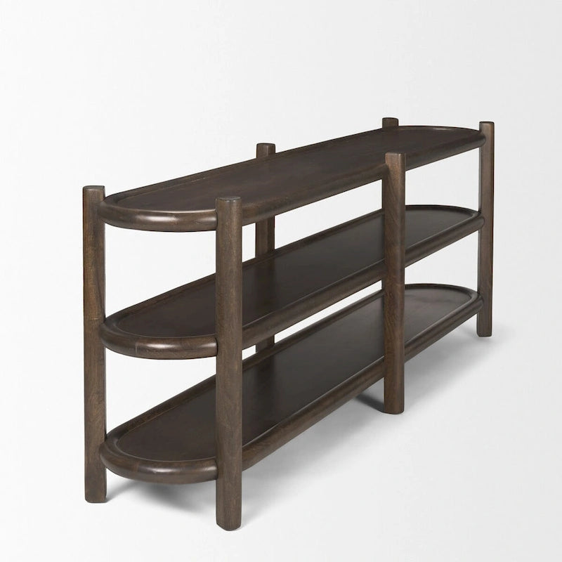 Console ovale en bois marron foncé à 3 étagères