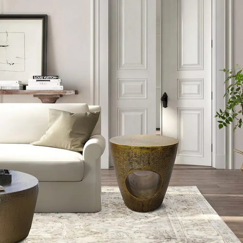 Nala 17 Inch Side End Table, Tapered Drum Shape with Unique Hollow Center, Antique Brass Aluminum