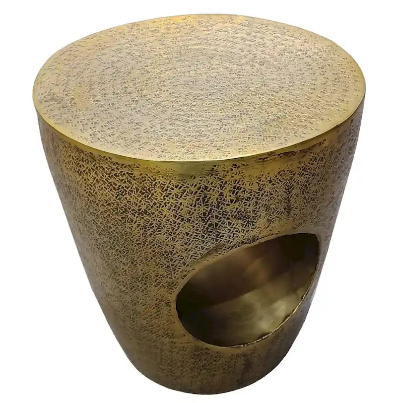 Table d'appoint ronde Tambour en aluminium laiton antique, 15,5"Dia x 17"H, Simple